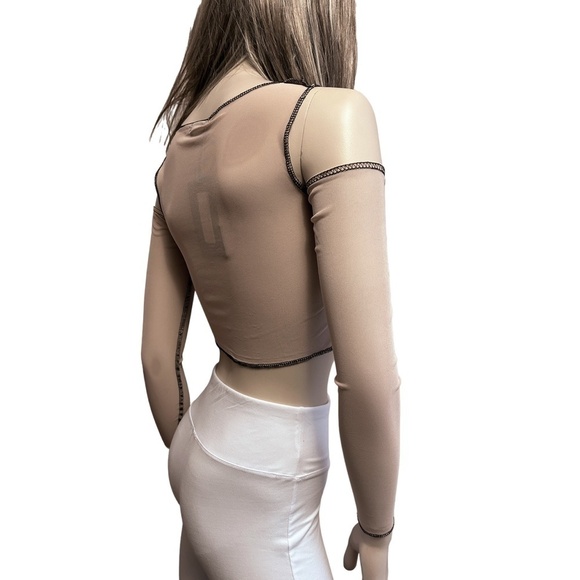 PLT Crop Top Nude Mesh Contrast Stitch Cut Out Cold Shoulder Made in UK - Picture 6 of 11